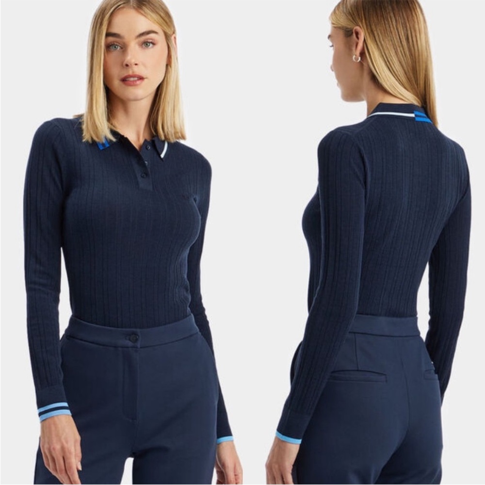 G/Fore Contrast Stripe Cotton Blend Ribbed Long Sleeve Knit Sweater Polo Golf M